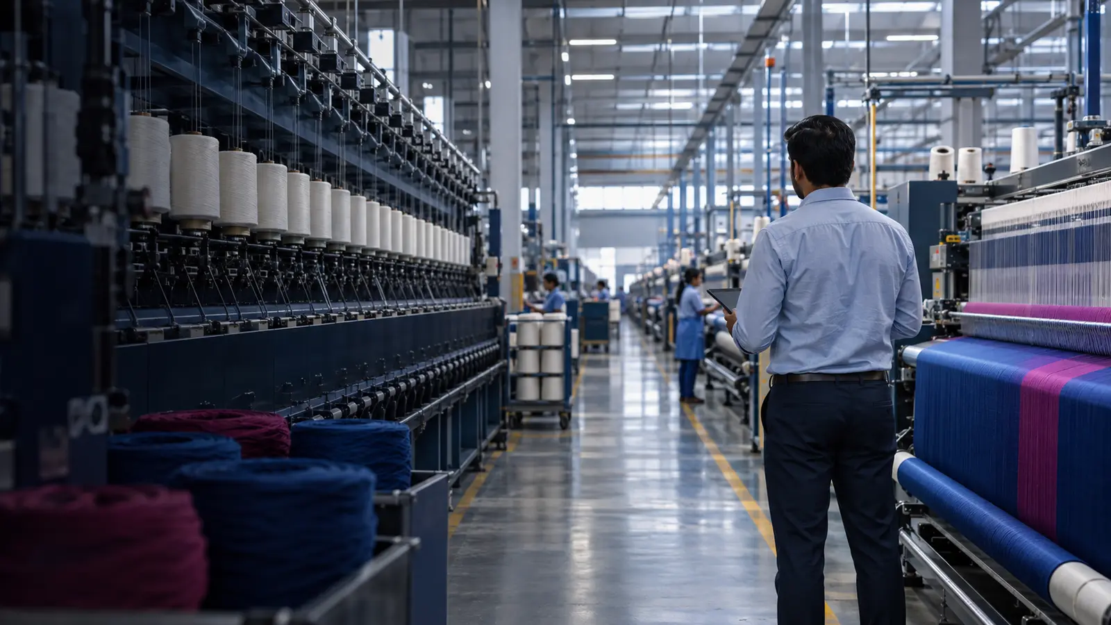 Modern textile manufacturing floor with spinning and weaving machinery