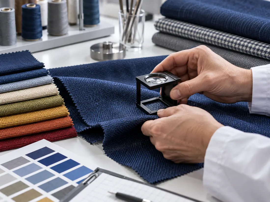 Textile quality specialist inspecting woven fabric with a thread-count loupe