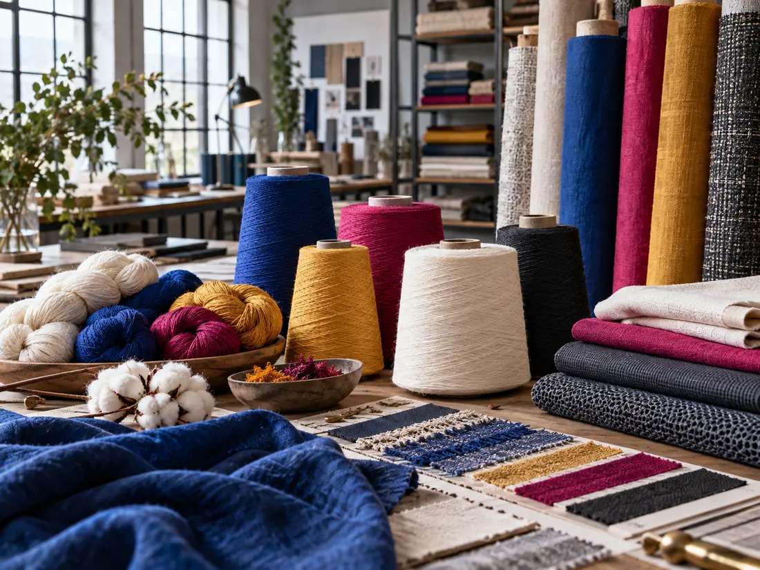 Yarn cones, natural fibres and woven fabrics arranged for professional textile sourcing